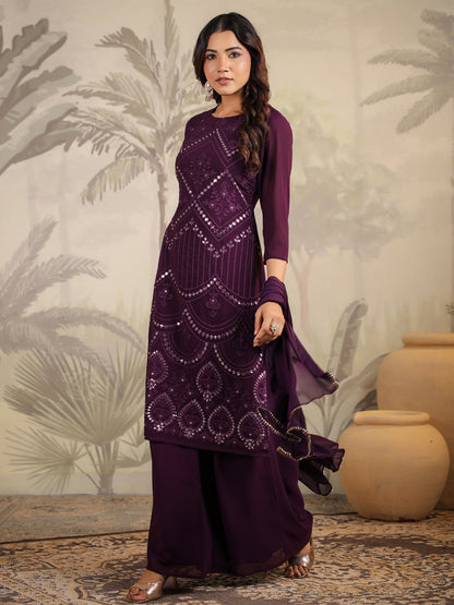 Janasya Purple Weightless Georgette Embroidered Kurta,Bottom & Dupatta