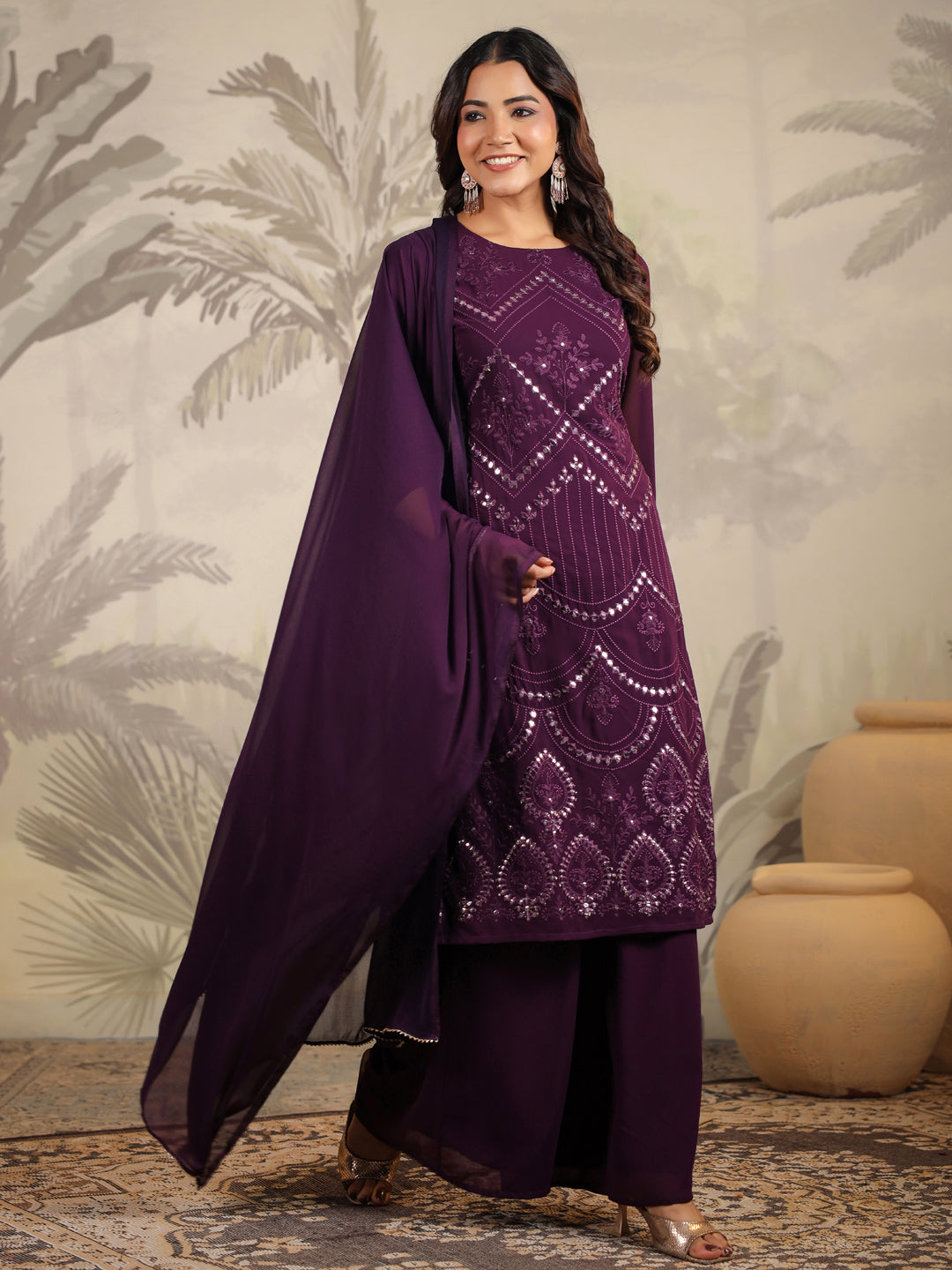 Janasya Purple Weightless Georgette Embroidered Kurta,Bottom & Dupatta