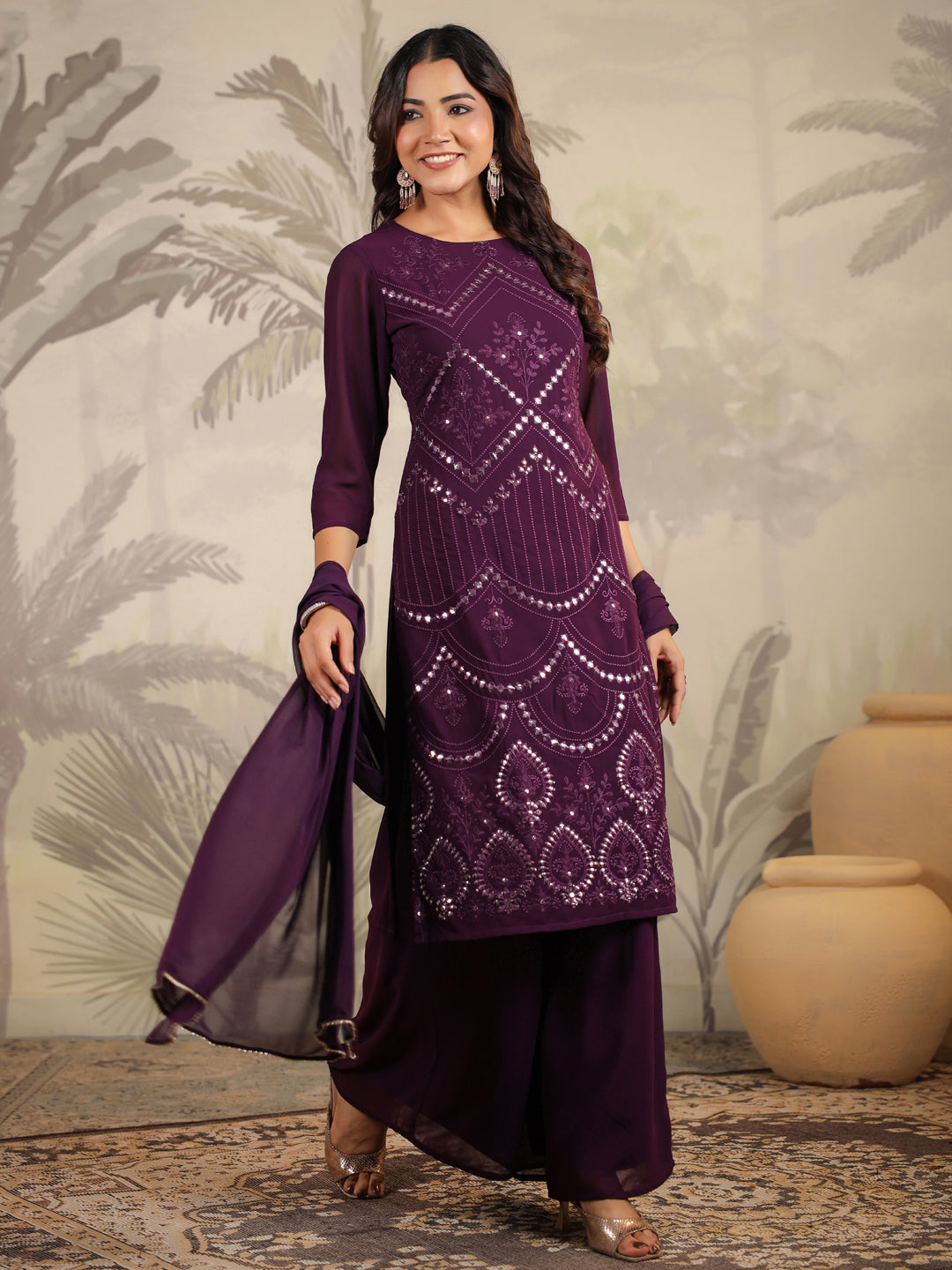 Janasya Purple Weightless Georgette Embroidered Kurta,Bottom & Dupatta