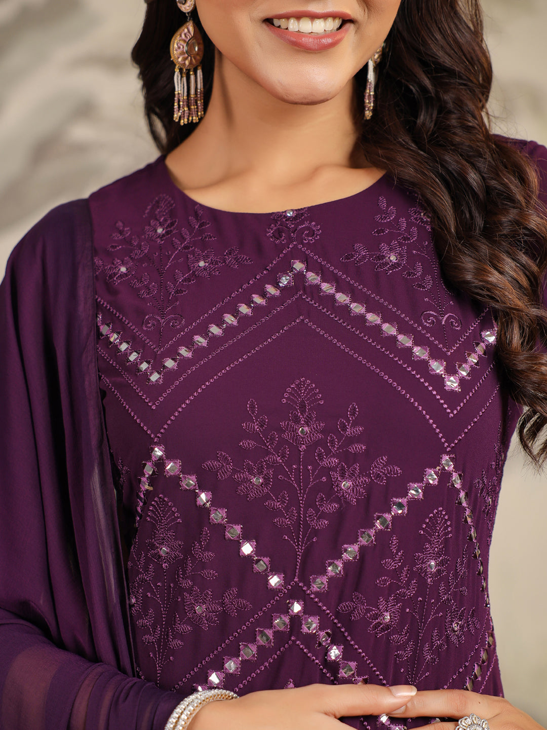 Janasya Purple Weightless Georgette Embroidered Kurta,Bottom & Dupatta