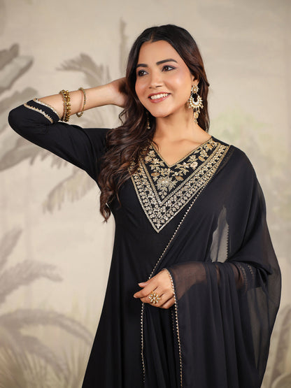 Janasya Dark Rayon Embroidered Anarkali Kurta Set