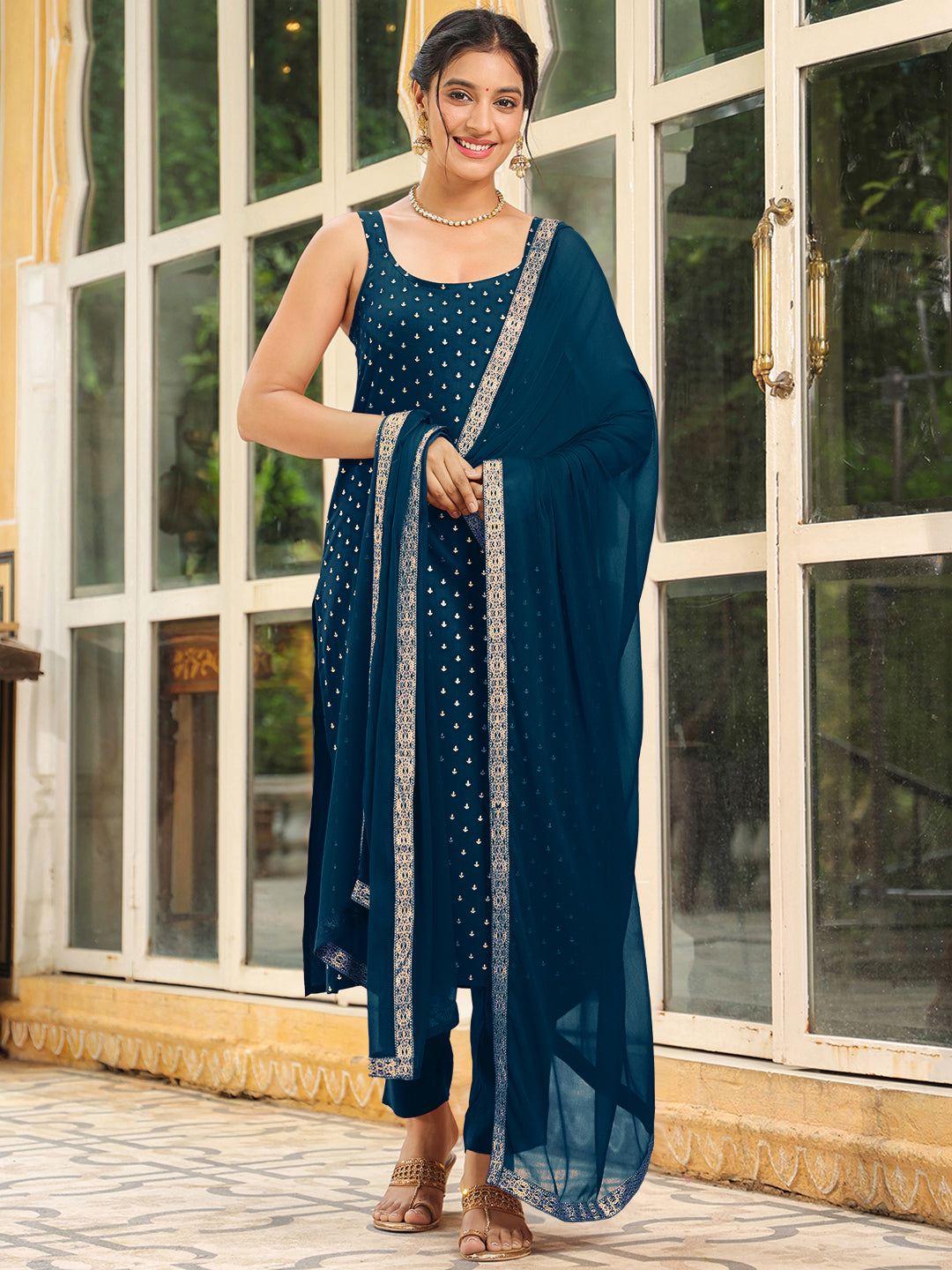 Janasya Dark Rayon Foil Print Straight Kurta Set