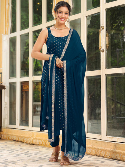 Janasya Dark Rayon Foil Print Straight Kurta Set