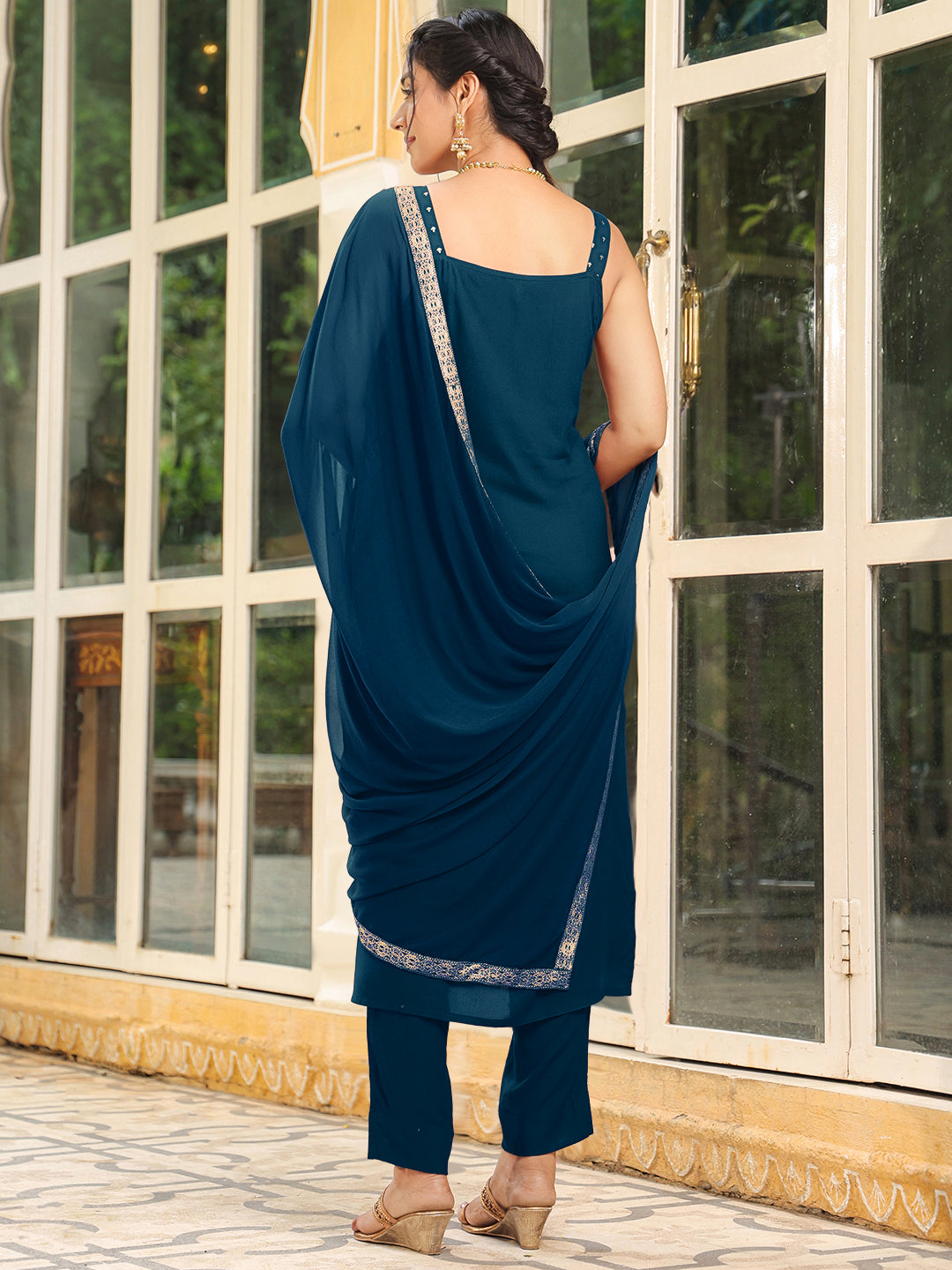 Janasya Dark Rayon Foil Print Straight Kurta Set