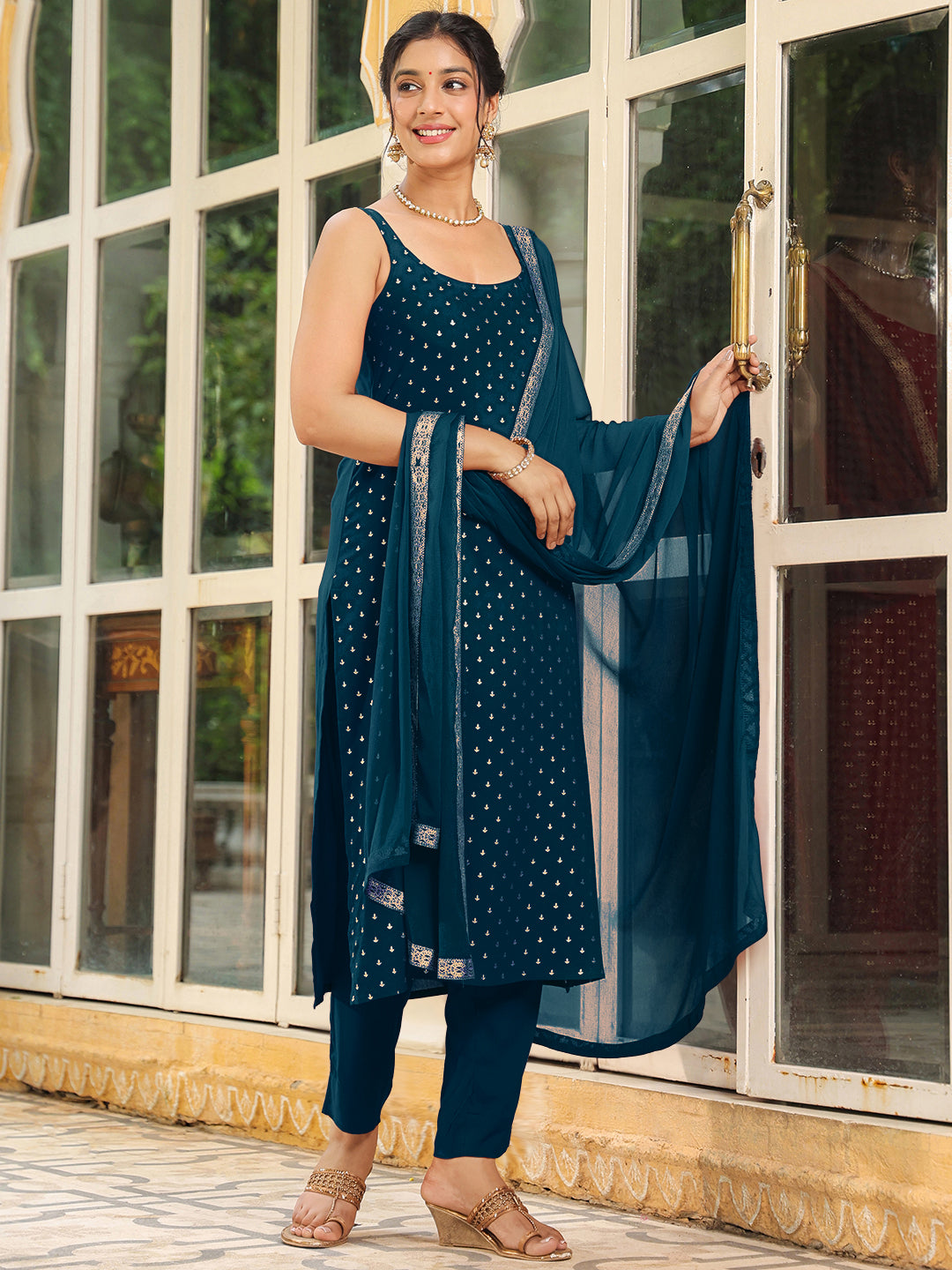 Janasya Dark Rayon Foil Print Straight Kurta Set