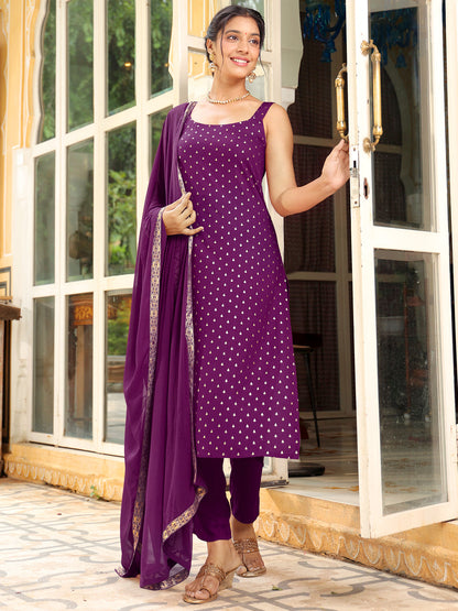 Janasya Dark Rayon Foil Print Straight Kurta Set