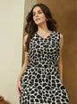 Janasya Dark Cotton Abstract A-Line Dress