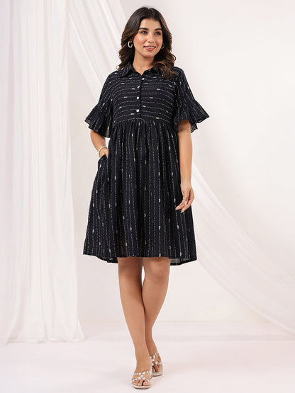 Janasya Dark Cotton Striped A-Line Dress