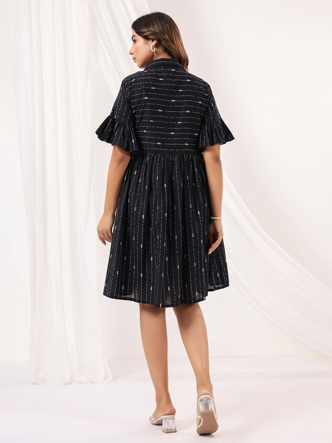 Janasya Dark Cotton Striped A-Line Dress