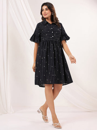 Janasya Dark Cotton Striped A-Line Dress