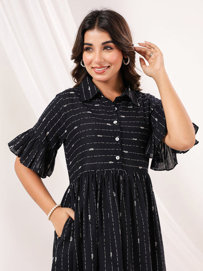 Janasya Dark Cotton Striped A-Line Dress