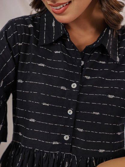 Janasya Dark Cotton Striped A-Line Dress