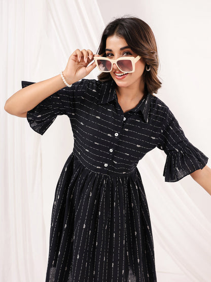 Janasya Dark Cotton Striped A-Line Dress