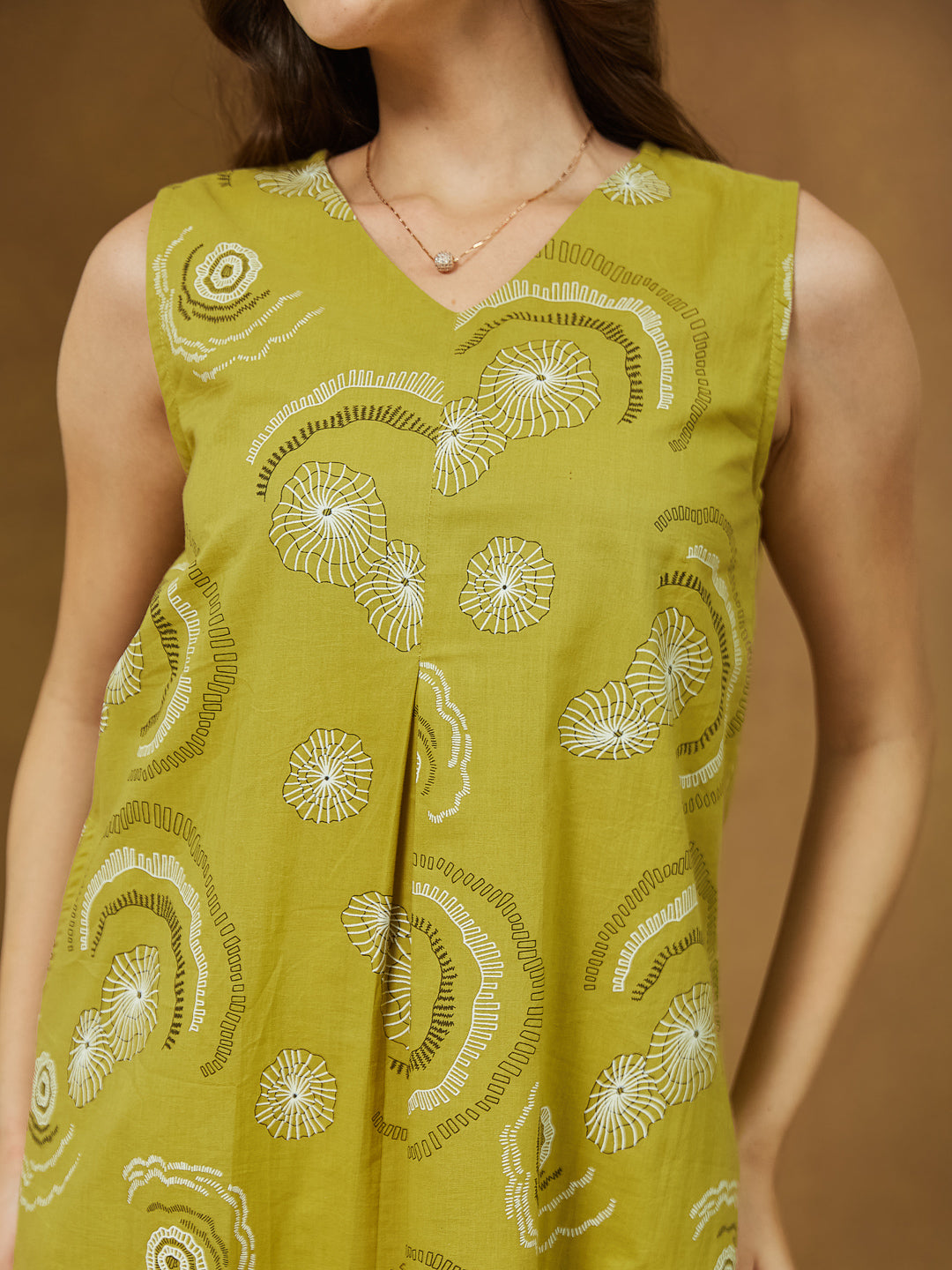 Janasya Dark Cotton Abstract A-Line Dress