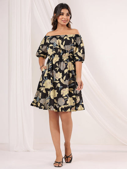 Janasya Dark Cotton Floral A-Line Dress