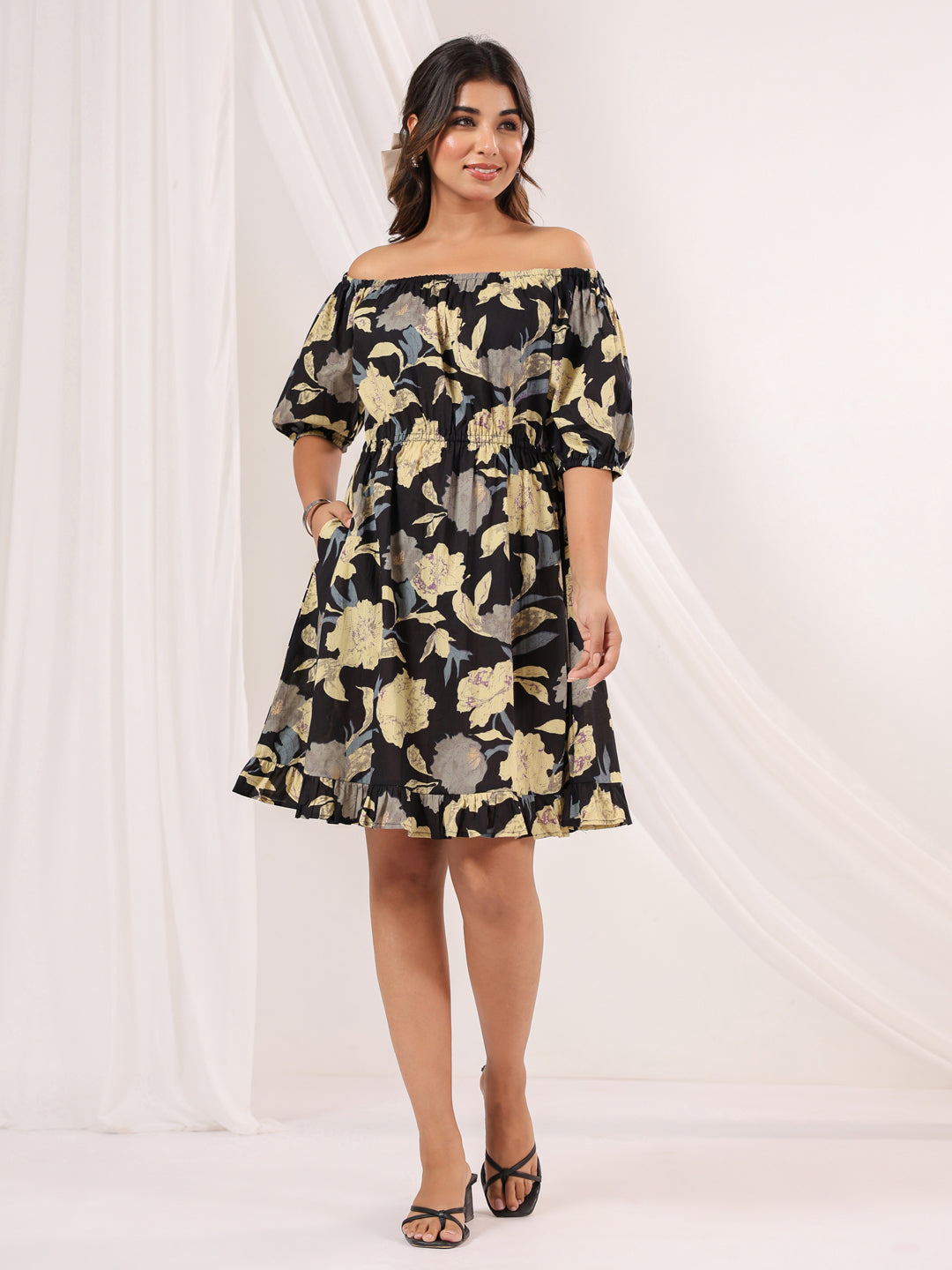 Janasya Dark Cotton Floral A-Line Dress