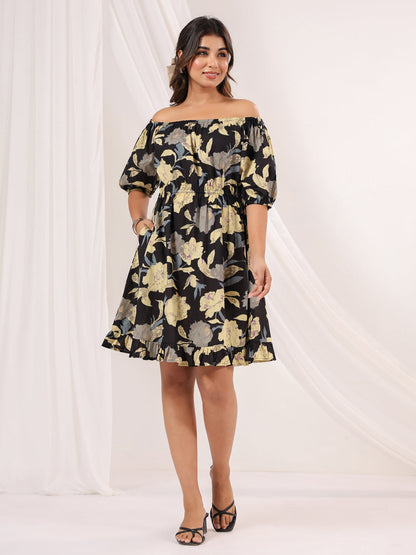 Janasya Dark Cotton Floral A-Line Dress