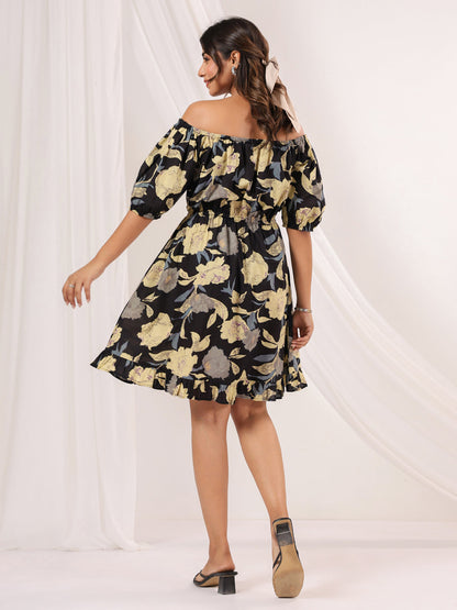 Janasya Dark Cotton Floral A-Line Dress