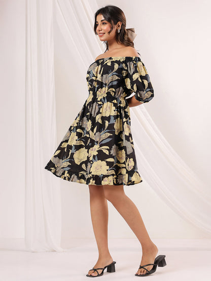 Janasya Dark Cotton Floral A-Line Dress