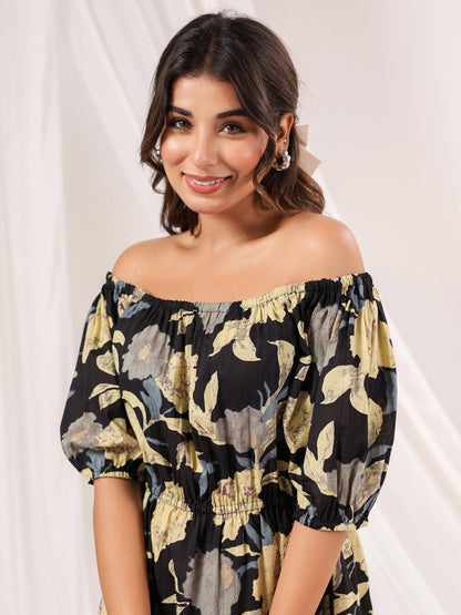 Janasya Dark Cotton Floral A-Line Dress