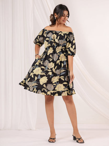 Janasya Dark Cotton Floral A-Line Dress