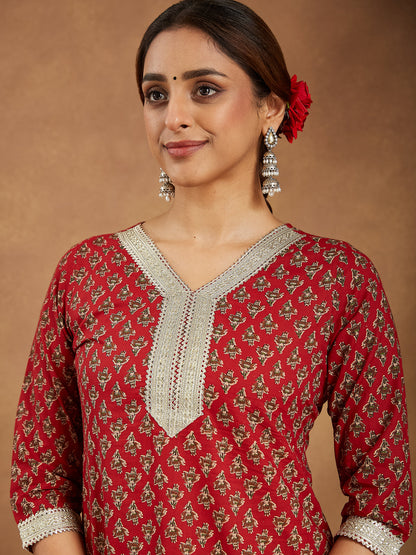 Janasya Dark Cotton Floral Straight Kurta Set