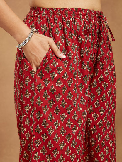 Janasya Dark Cotton Floral Straight Kurta Set