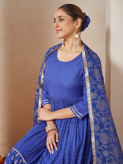 Janasya Dark Cotton Foil Print A-Line Kurta Set