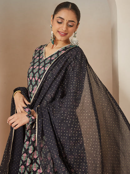Janasya Dark Rayon Ethnic Motifs A-Line Kurta Set