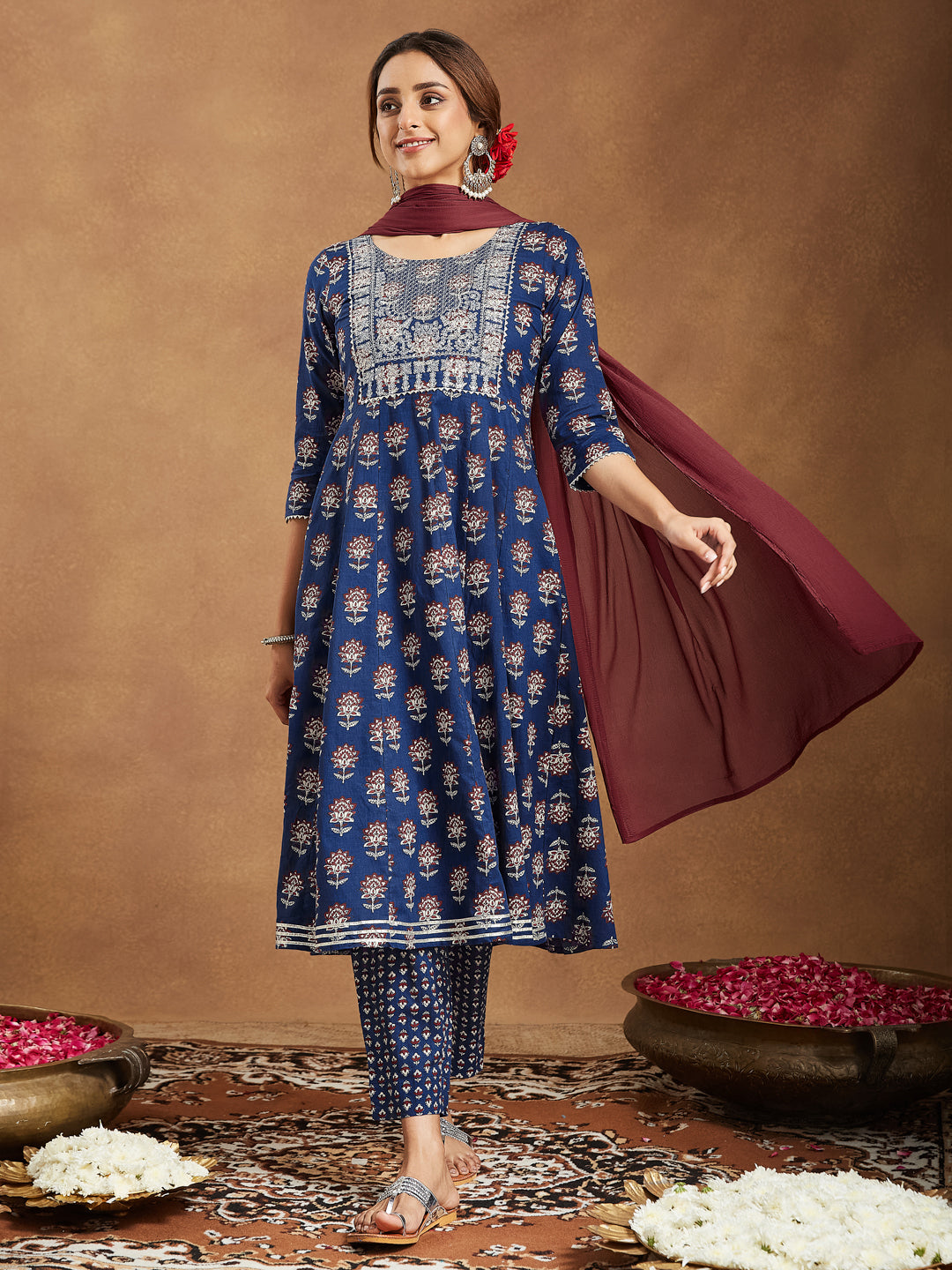 Janasya Dark Cotton Floral Anarkali Kurta Set