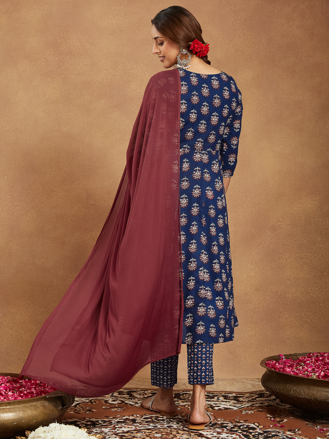 Janasya Dark Cotton Floral Anarkali Kurta Set