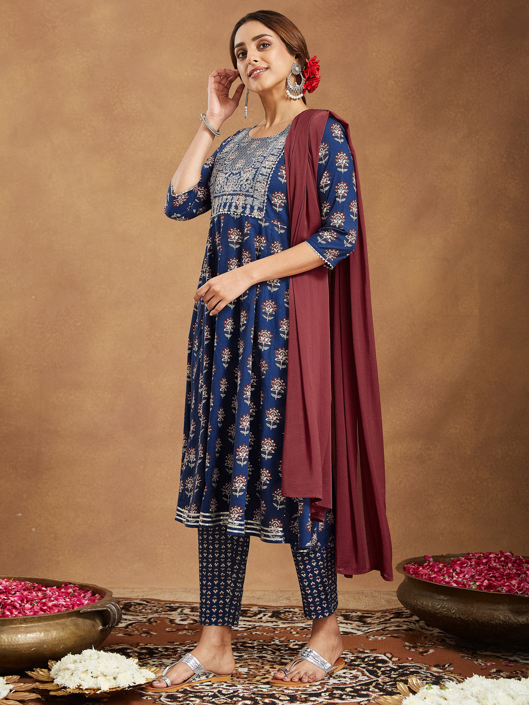 Janasya Dark Cotton Floral Anarkali Kurta Set