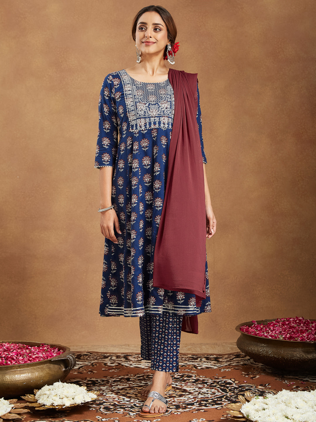 Janasya Dark Cotton Floral Anarkali Kurta Set