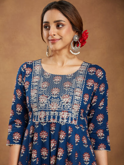Janasya Dark Cotton Floral Anarkali Kurta Set