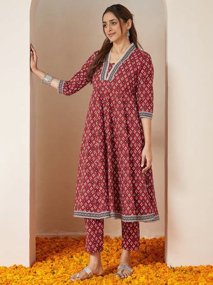 Janasya Dark Cotton Ikkat Anarkali Kurta Set