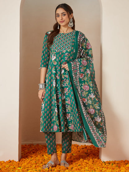 Janasya Bright Cotton Floral Anarkali Kurta Set
