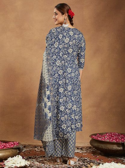 Janasya Dark Cotton Floral Anarkali Kurta Set