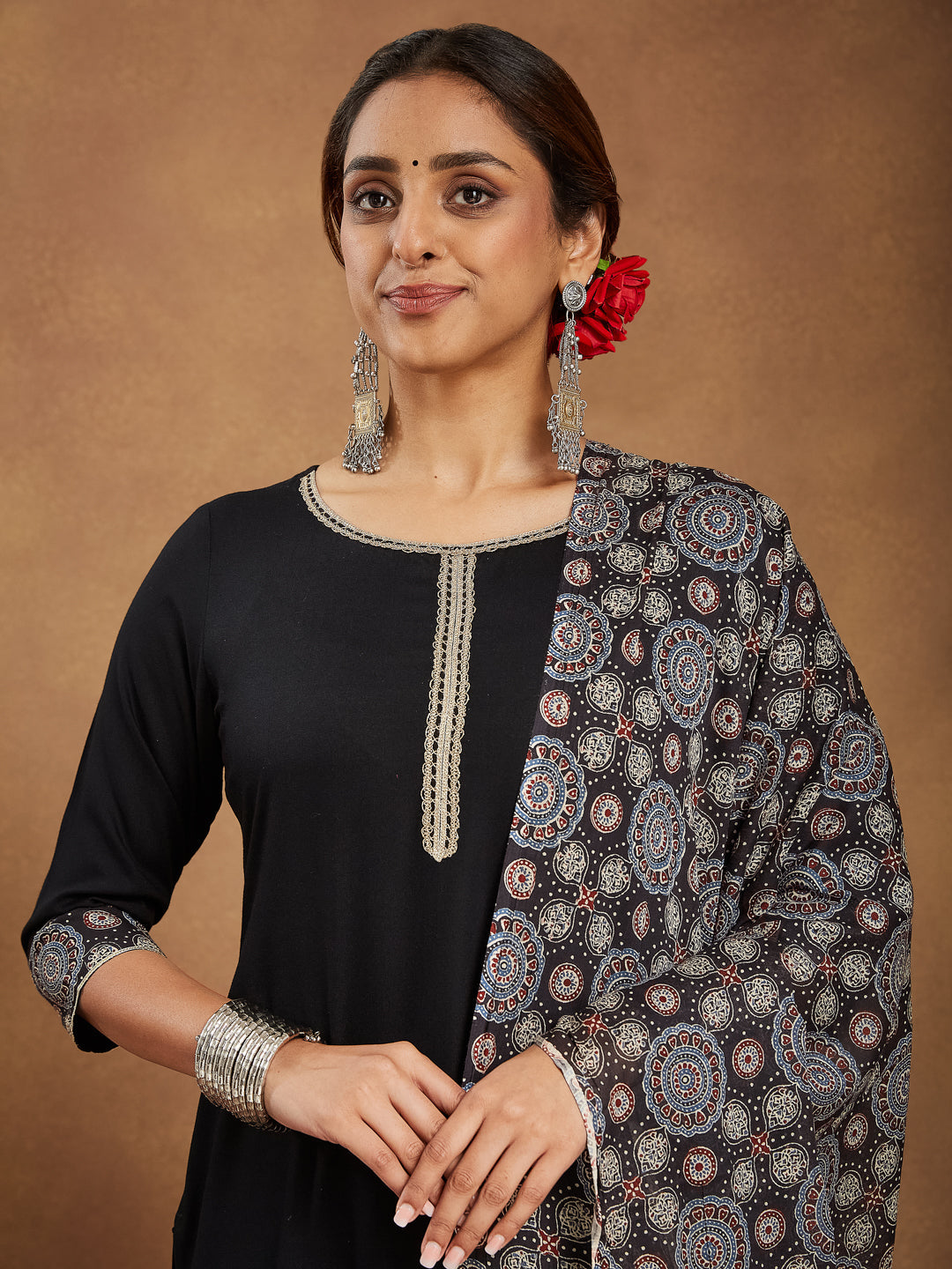 Janasya Dark Rayon Ajrakh Straight Kurta Set