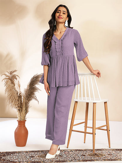 Janasya Light Dobby Chiffon Self Design Peplum Top & Bottom Set