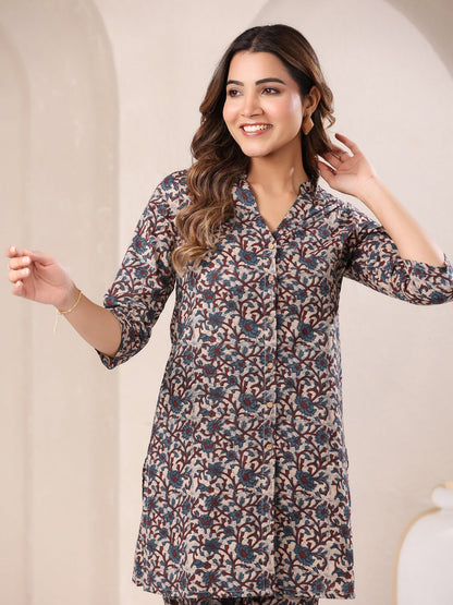 Janasya Dark Cotton Floral Straight Top & Bottom Set