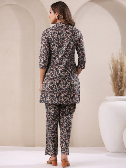 Janasya Dark Cotton Floral Straight Top & Bottom Set