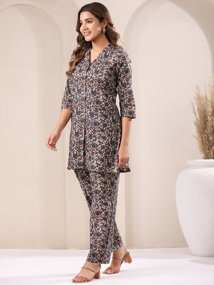 Janasya Dark Cotton Floral Straight Top & Bottom Set