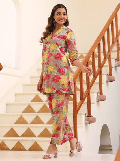 Janasya Dark Cotton Floral Straight Top & Bottom Set