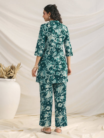 Janasya Dark Cotton Floral Straight Top & Bottom Set