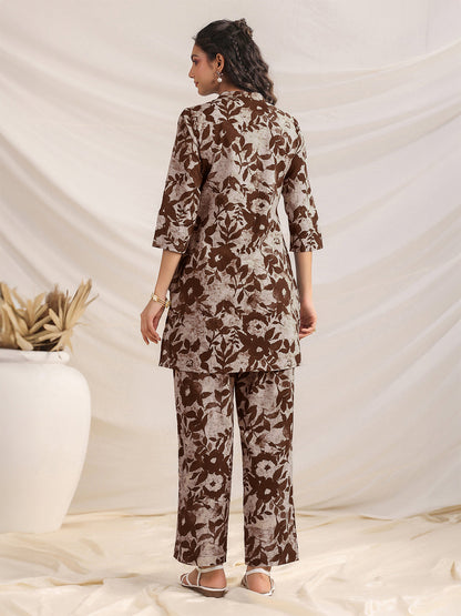 Janasya Dark Cotton Floral Straight Top & Bottom Set