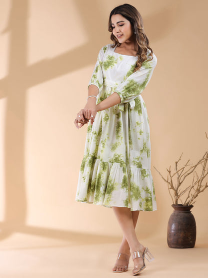 Janasya Bright Cotton Tie & dye Tiered Dress
