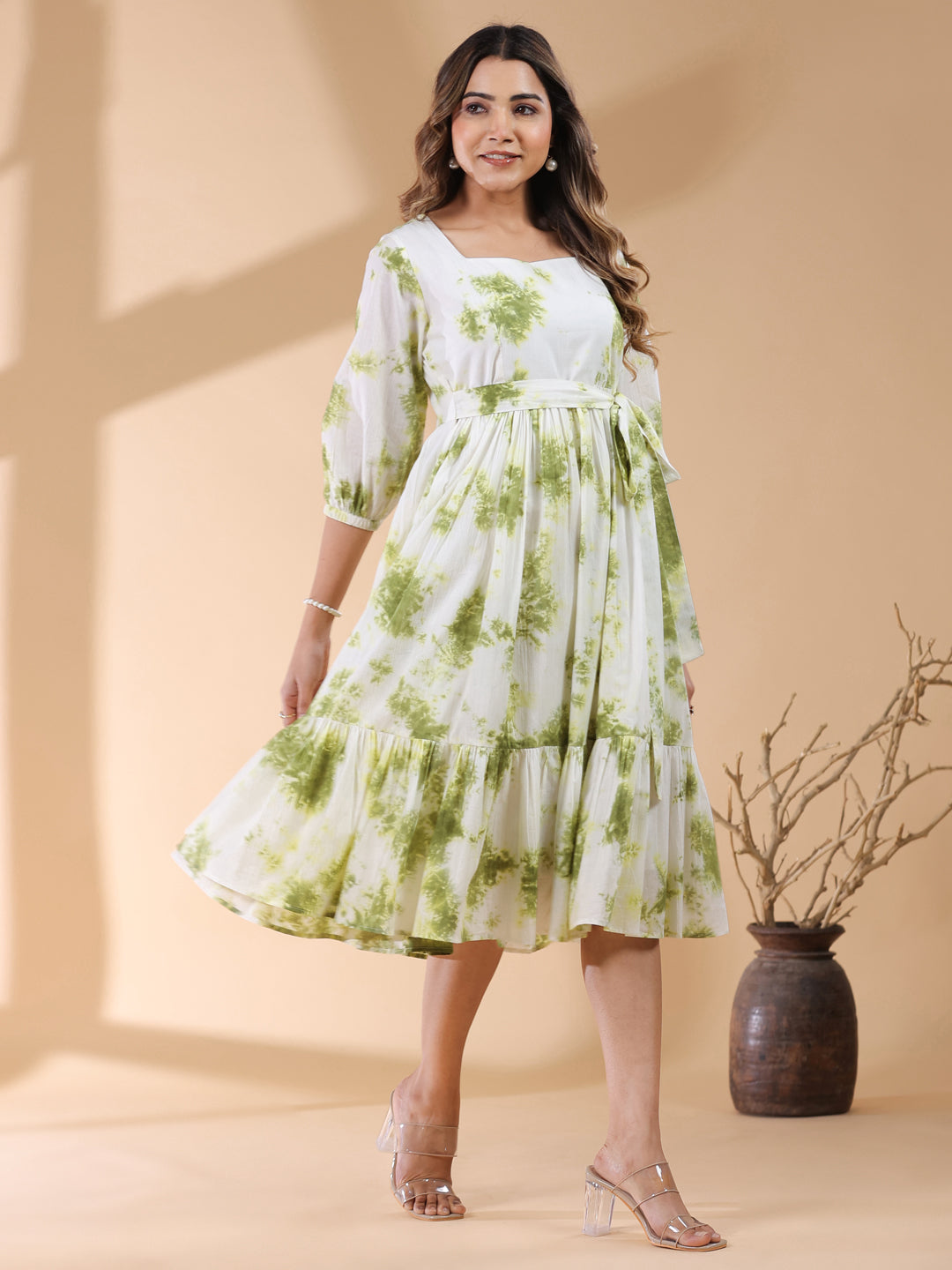 Janasya Bright Cotton Tie & dye Tiered Dress