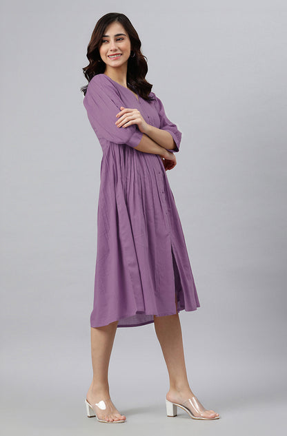 Janasya Bright Cotton Solid Gathered Dress