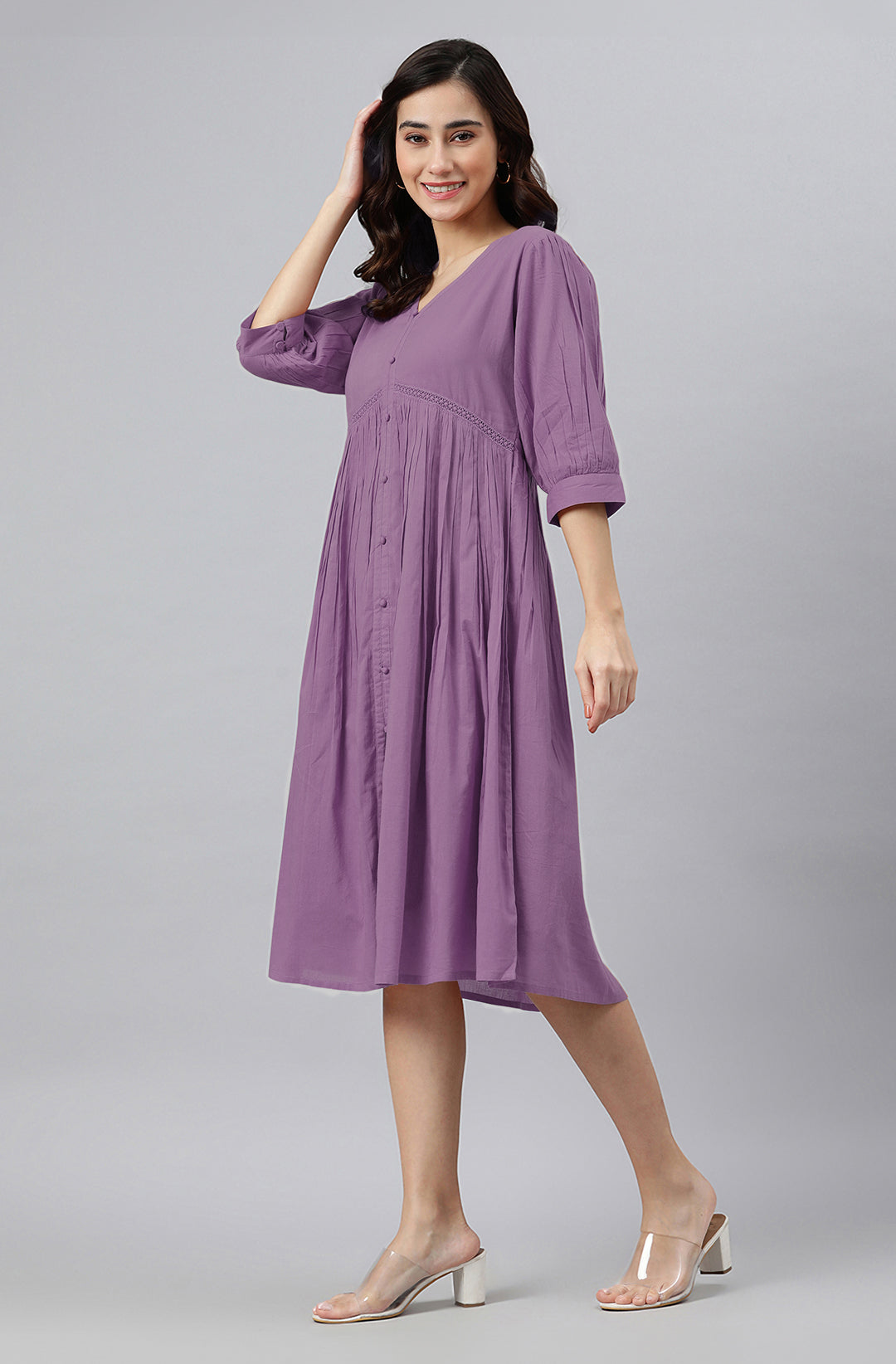 Janasya Bright Cotton Solid Gathered Dress