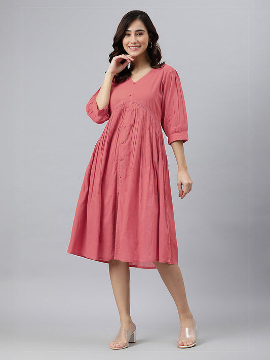 Janasya Bright Cotton Solid Gathered Dress
